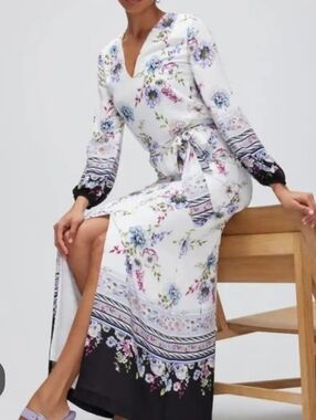 White House Black Market White Floral Border Maxi Dress with Black Trim